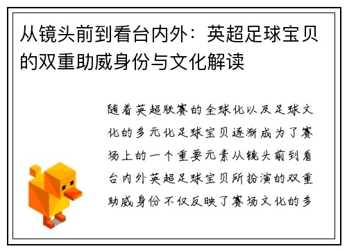 从镜头前到看台内外：英超足球宝贝的双重助威身份与文化解读