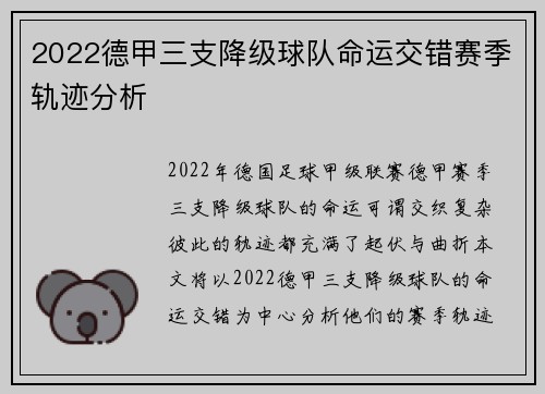 2022德甲三支降级球队命运交错赛季轨迹分析