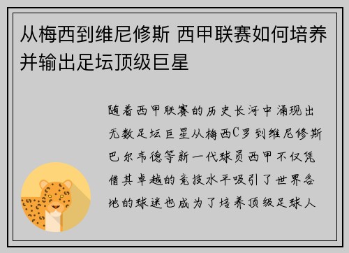 从梅西到维尼修斯 西甲联赛如何培养并输出足坛顶级巨星