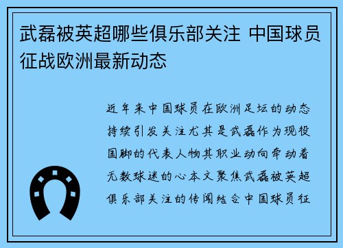 武磊被英超哪些俱乐部关注 中国球员征战欧洲最新动态