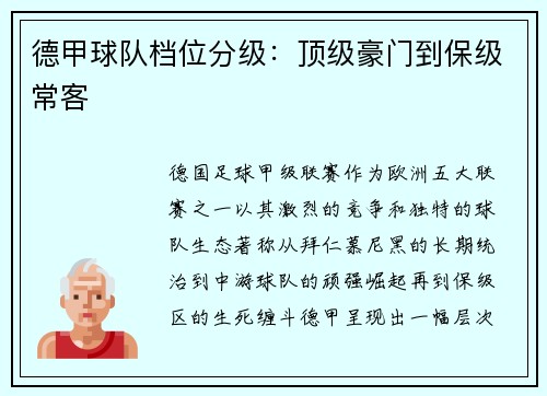 德甲球队档位分级：顶级豪门到保级常客