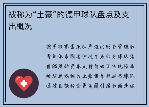 被称为“土豪”的德甲球队盘点及支出概况